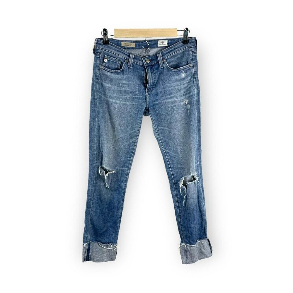 Ag Adriano Goldschmied Stevie cuff jeans Ripped Knees Cropped Sz 27 Medium Wash